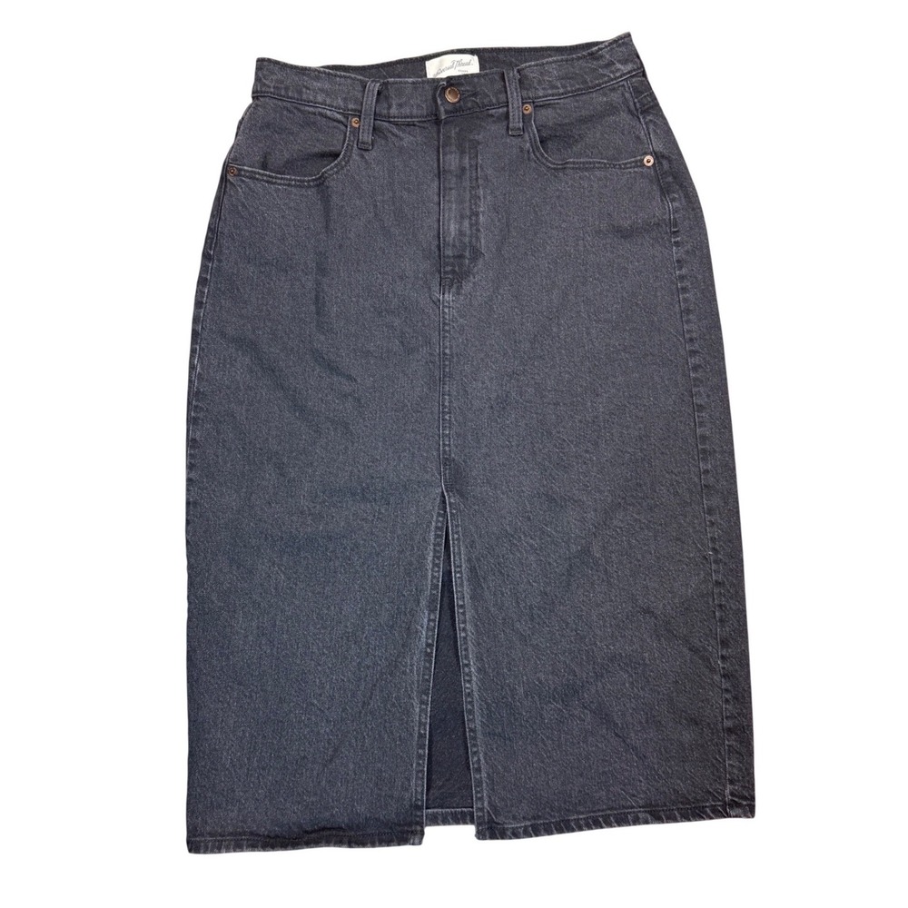 Denim Midi Skirt Women Size 8 Black Front Slit High Rise‎ Minimalist Rock Grunge